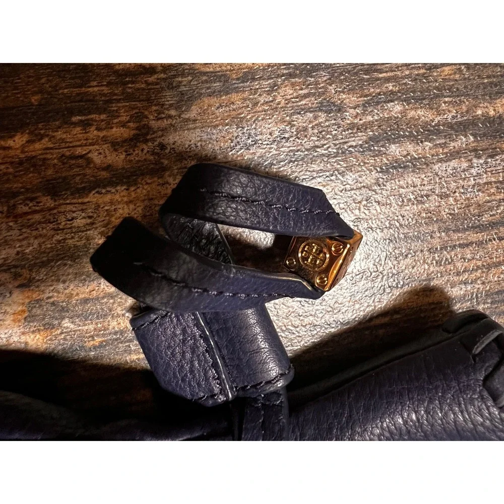 Tory Burch Navy Leather Marion Slouchy Tote Bag Purse Gold Chain &‎ Wallet EUC
